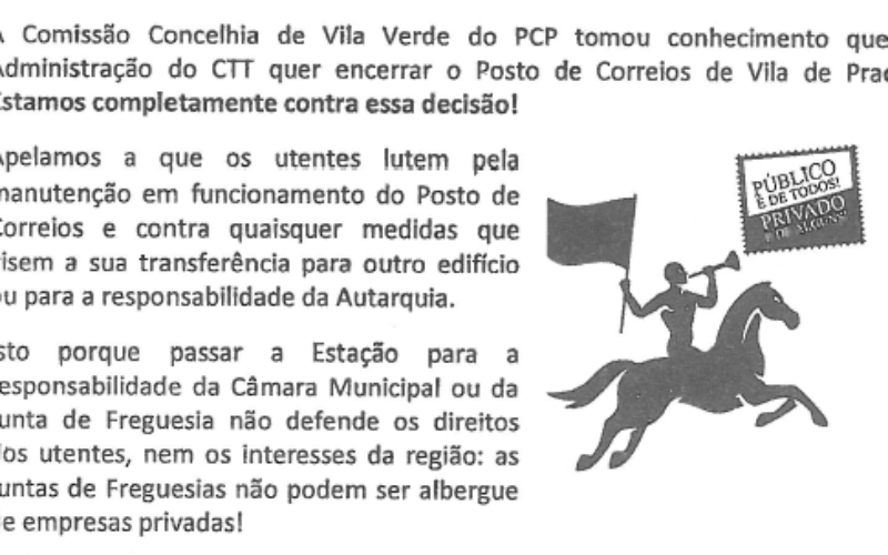 PCP Vila Verde denuncia intenção de encerramento dos CTT em Prado